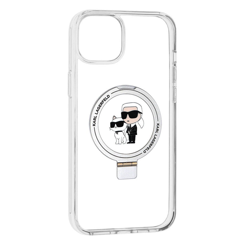 Étui MagSafe pour Apple iPhone 15 Plus, Karl Lagerfeld, Ringstand Karl et Choupette, Blanc