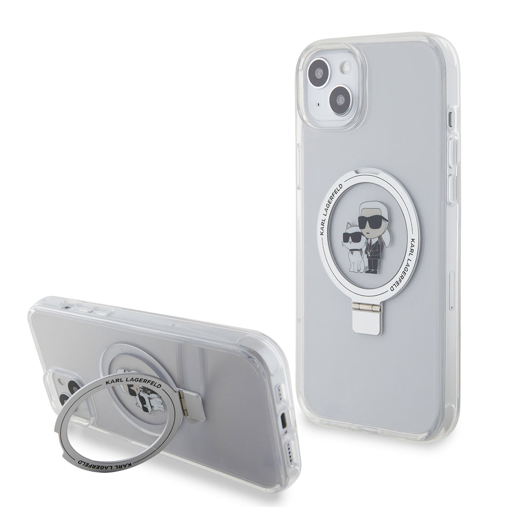Étui MagSafe pour Apple iPhone 15 Plus, Karl Lagerfeld, Ringstand Karl et Choupette, Blanc