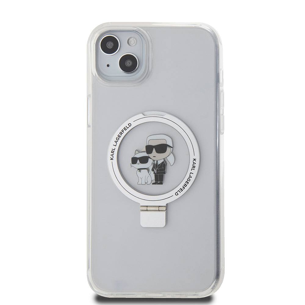 Étui MagSafe pour Apple iPhone 15 Plus, Karl Lagerfeld, Ringstand Karl et Choupette, Blanc