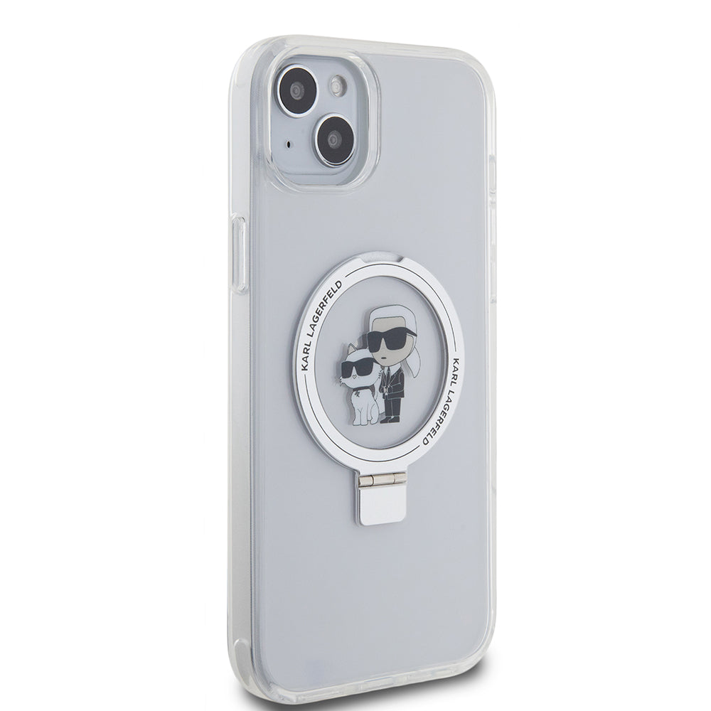 Étui MagSafe pour Apple iPhone 15 Plus, Karl Lagerfeld, Ringstand Karl et Choupette, Blanc