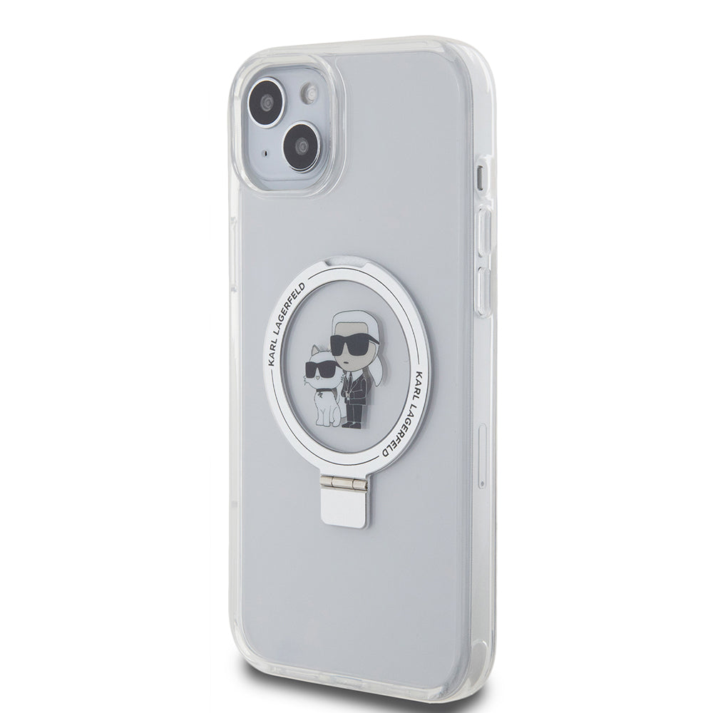 Étui MagSafe pour Apple iPhone 15 Plus, Karl Lagerfeld, Ringstand Karl et Choupette, Blanc
