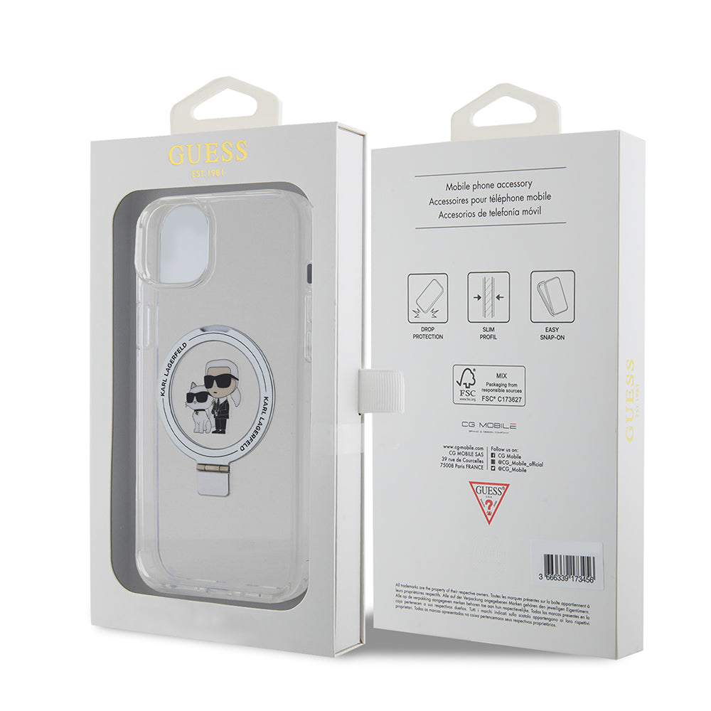 Étui MagSafe pour Apple iPhone 15 Plus, Karl Lagerfeld, Ringstand Karl et Choupette, Blanc