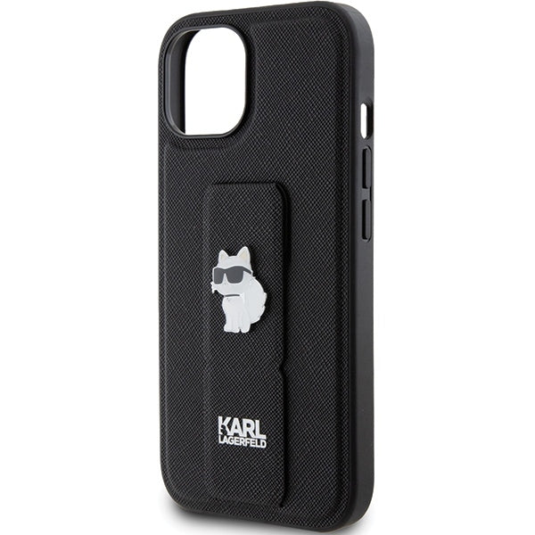 Étui MagSafe pour Apple iPhone 15, Karl Lagerfeld, Saffiano Gripstand Choupette, Noir
