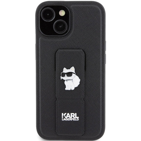 Étui MagSafe pour Apple iPhone 15, Karl Lagerfeld, Saffiano Gripstand Choupette, Noir