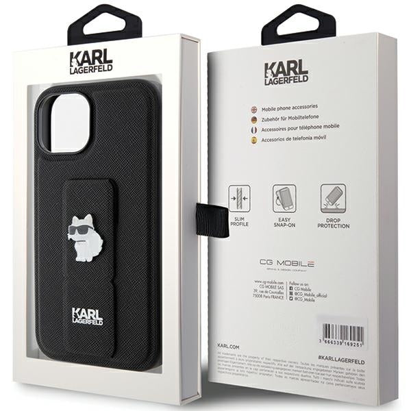 Étui MagSafe pour Apple iPhone 15, Karl Lagerfeld, Saffiano Gripstand Choupette, Noir