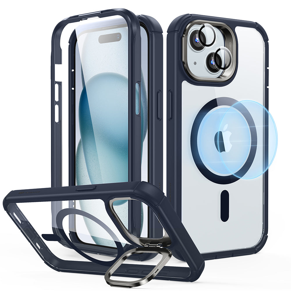 MagSafe Case for Apple iPhone 15 Plus, ESR, Armor Tough Kickstand, Navy Transparent