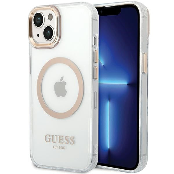 MagSafe Hülle für Apple iPhone 15 Plus, Guess, Metal Outline, Gold