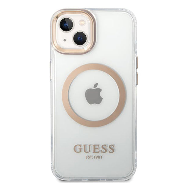 MagSafe Hülle für Apple iPhone 15 Plus, Guess, Metal Outline, Gold
