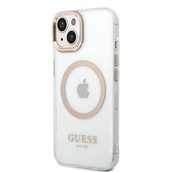 MagSafe Hülle für Apple iPhone 15 Plus, Guess, Metal Outline, Gold
