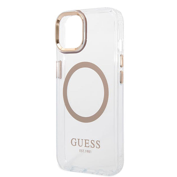 MagSafe Hülle für Apple iPhone 15 Plus, Guess, Metal Outline, Gold