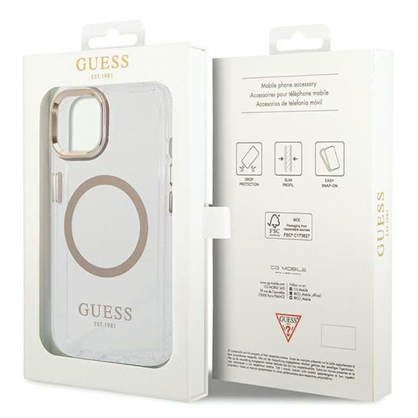 MagSafe Hülle für Apple iPhone 15 Plus, Guess, Metal Outline, Gold