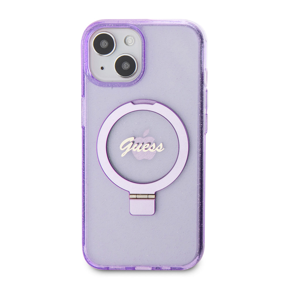 Coque MagSafe pour Apple iPhone 15 Plus, Guess, Ring Stand Script Glitter, Violet