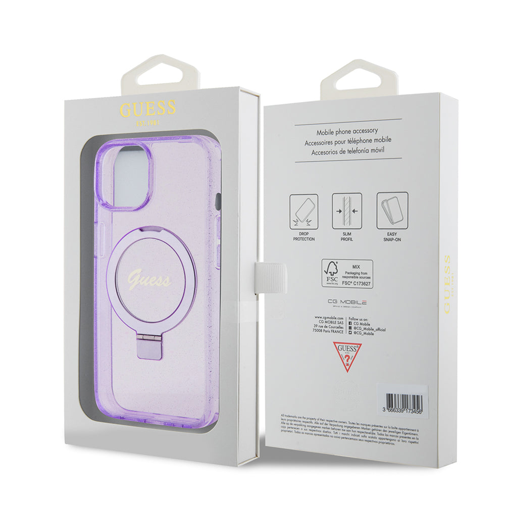Coque MagSafe pour Apple iPhone 15 Plus, Guess, Ring Stand Script Glitter, Violet