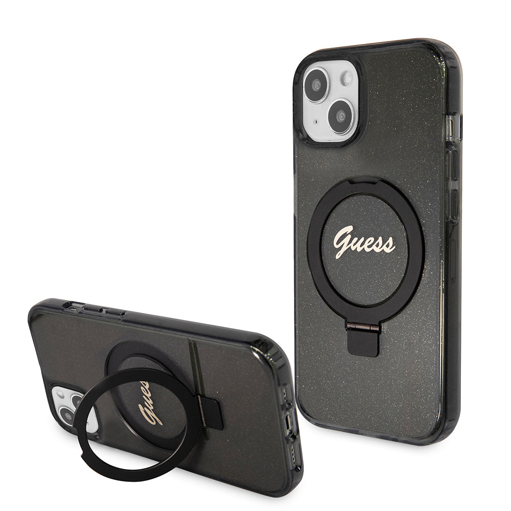 Étui MagSafe pour Apple iPhone 15 Plus, Guess, Ring Stand Script Glitter, Noir