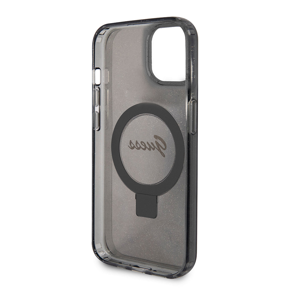 Étui MagSafe pour Apple iPhone 15 Plus, Guess, Ring Stand Script Glitter, Noir