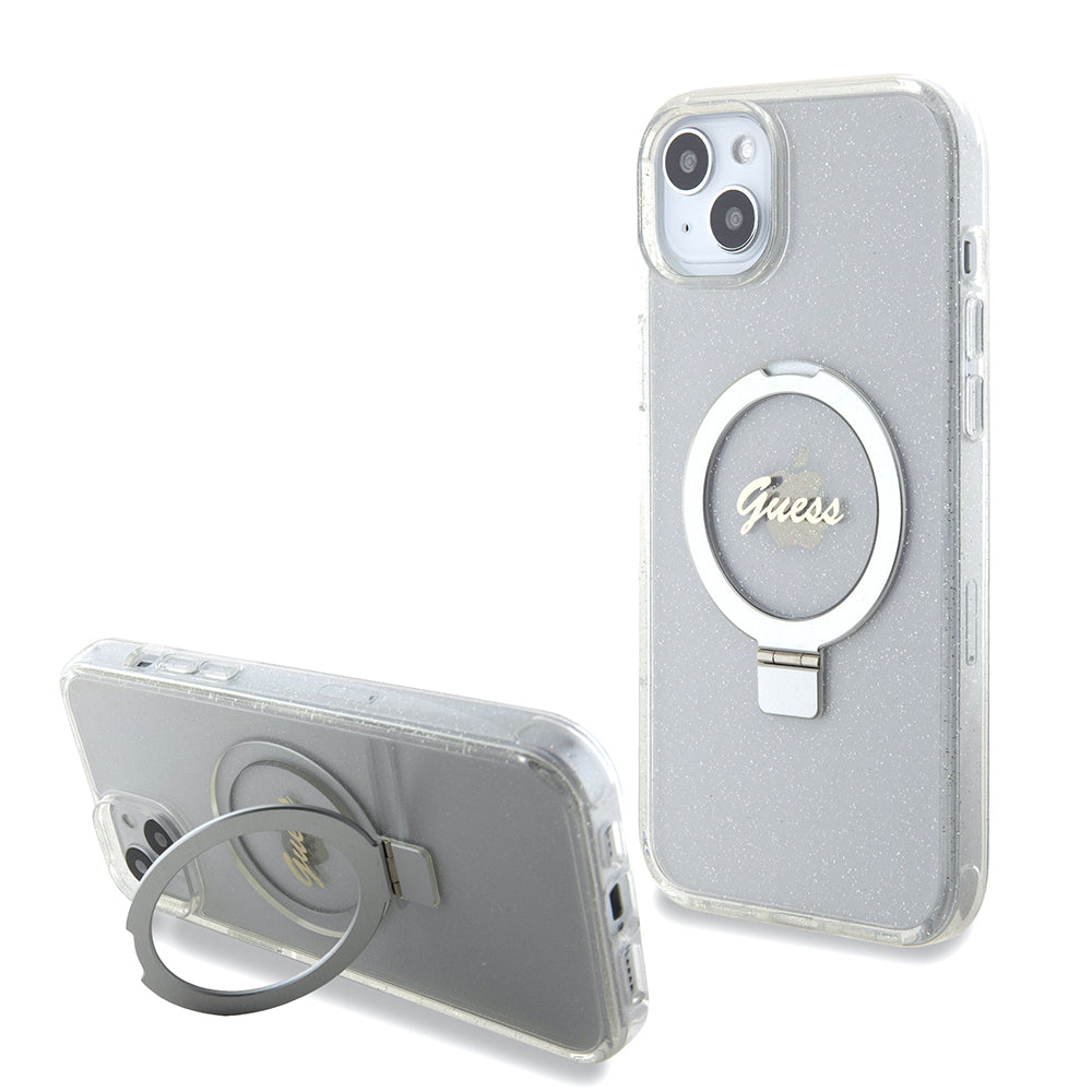 MagSafe Hülle für Apple iPhone 15 Plus, Guess, Ring Stand Script Glitter, Transparent