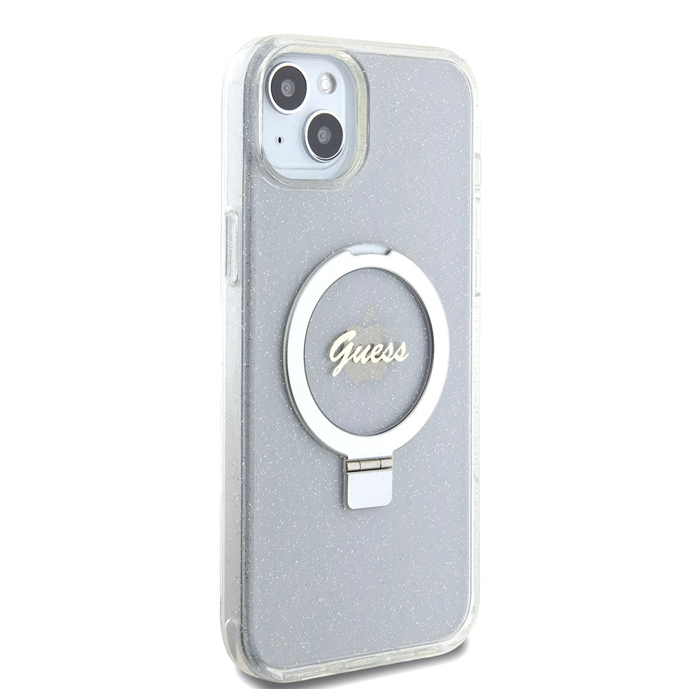 MagSafe Hülle für Apple iPhone 15 Plus, Guess, Ring Stand Script Glitter, Transparent