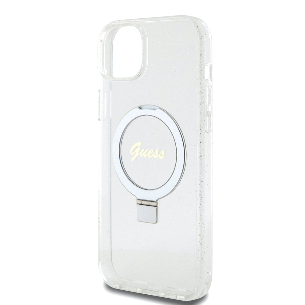 MagSafe Hülle für Apple iPhone 15 Plus, Guess, Ring Stand Script Glitter, Transparent