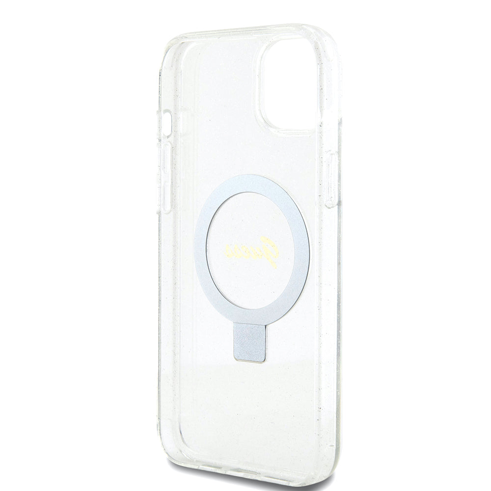 MagSafe Hülle für Apple iPhone 15 Plus, Guess, Ring Stand Script Glitter, Transparent