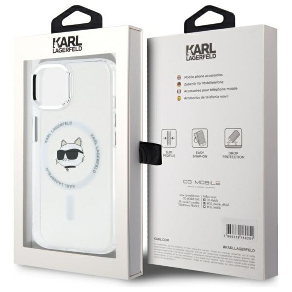 MagSafe Case for Apple iPhone 15 Plus, Karl Lagerfeld, IML Metal Choupette's Head, White