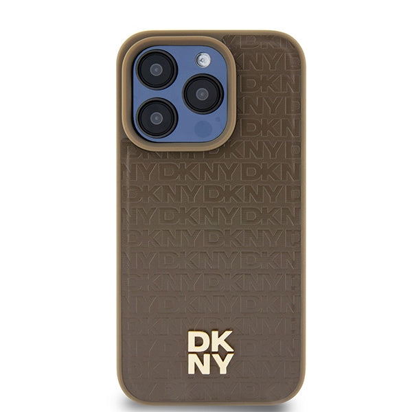 Étui MagSafe pour Apple iPhone 15 Pro, DKNY, Logo Métallique Monogramme, Marron