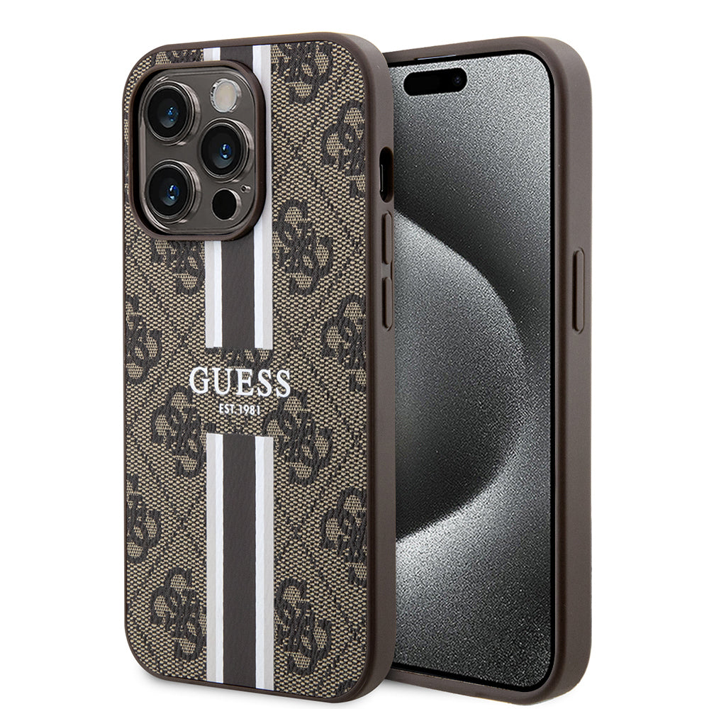 Étui MagSafe pour Apple iPhone 15 Pro, Guess, 4G Printed Stripes, Marron