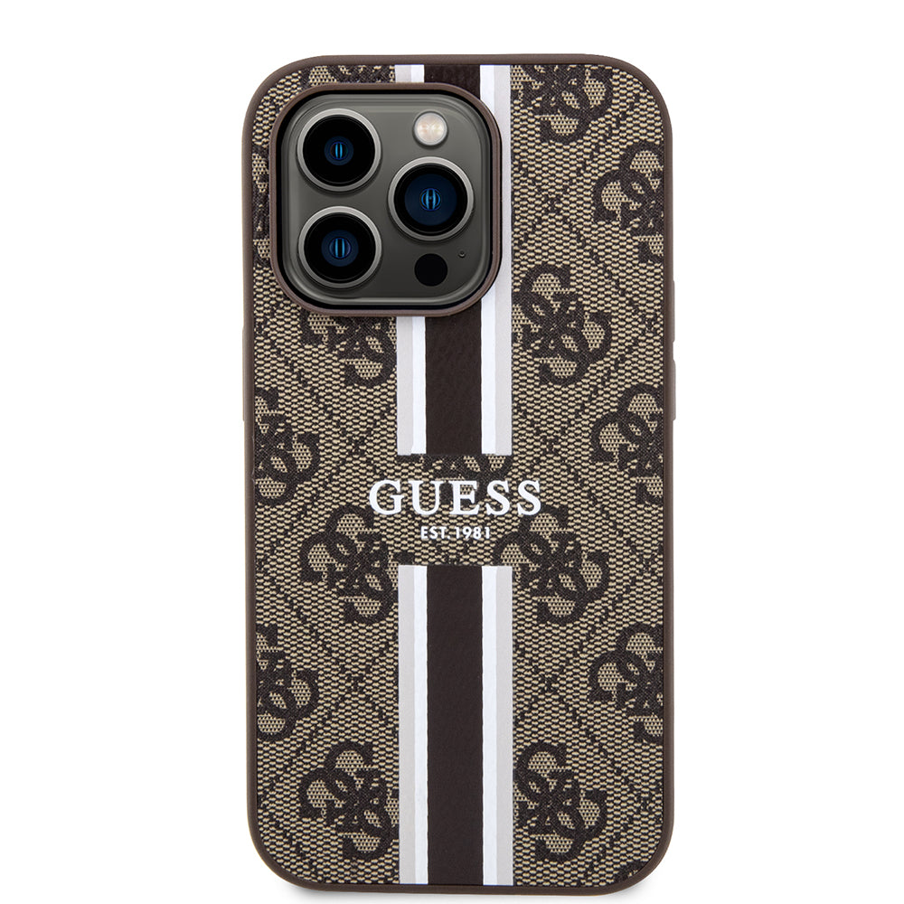 Étui MagSafe pour Apple iPhone 15 Pro, Guess, 4G Printed Stripes, Marron