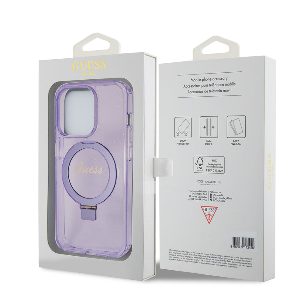 Coque MagSafe pour Apple iPhone 15 Pro, Guess, IML Ring Stand Glitter, Violet