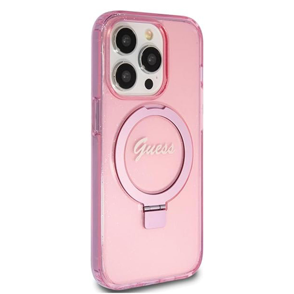 Coque MagSafe pour Apple iPhone 15 Pro, Guess, IML Ring Stand Glitter, Rose