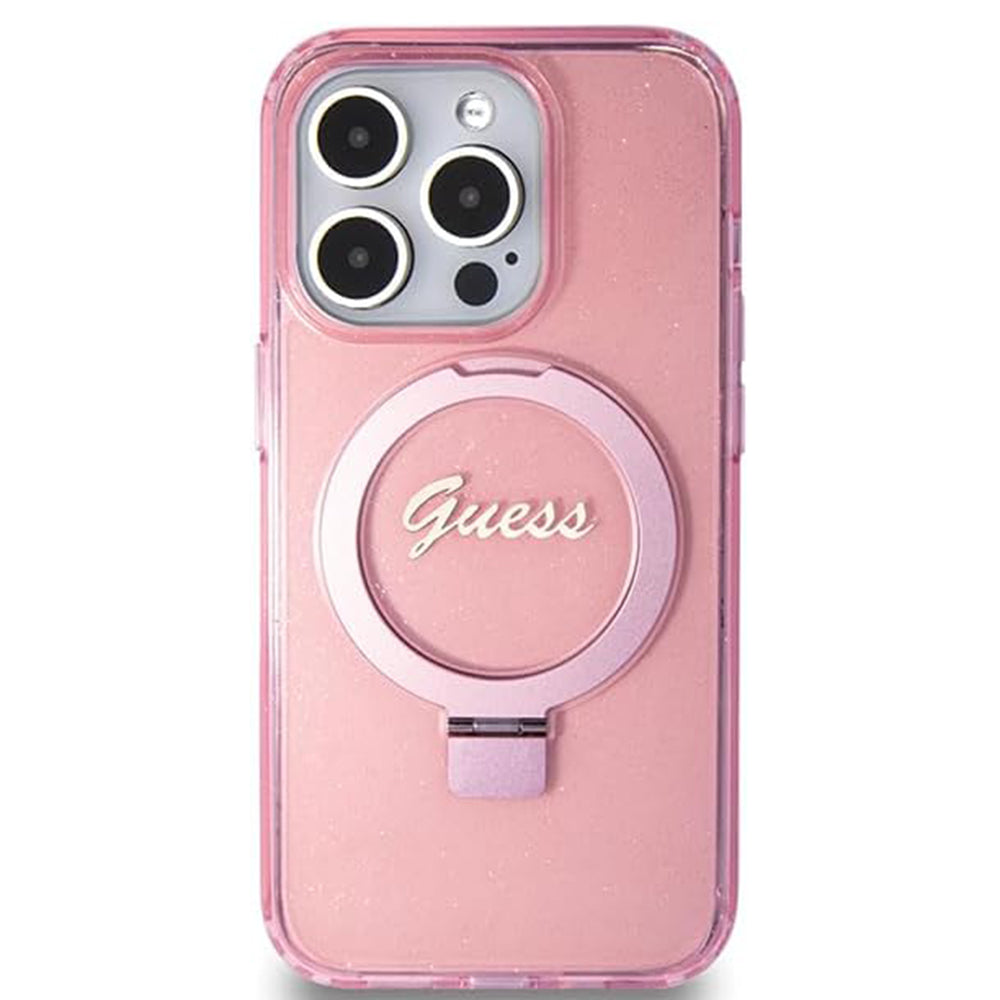 Coque MagSafe pour Apple iPhone 15 Pro, Guess, IML Ring Stand Glitter, Rose