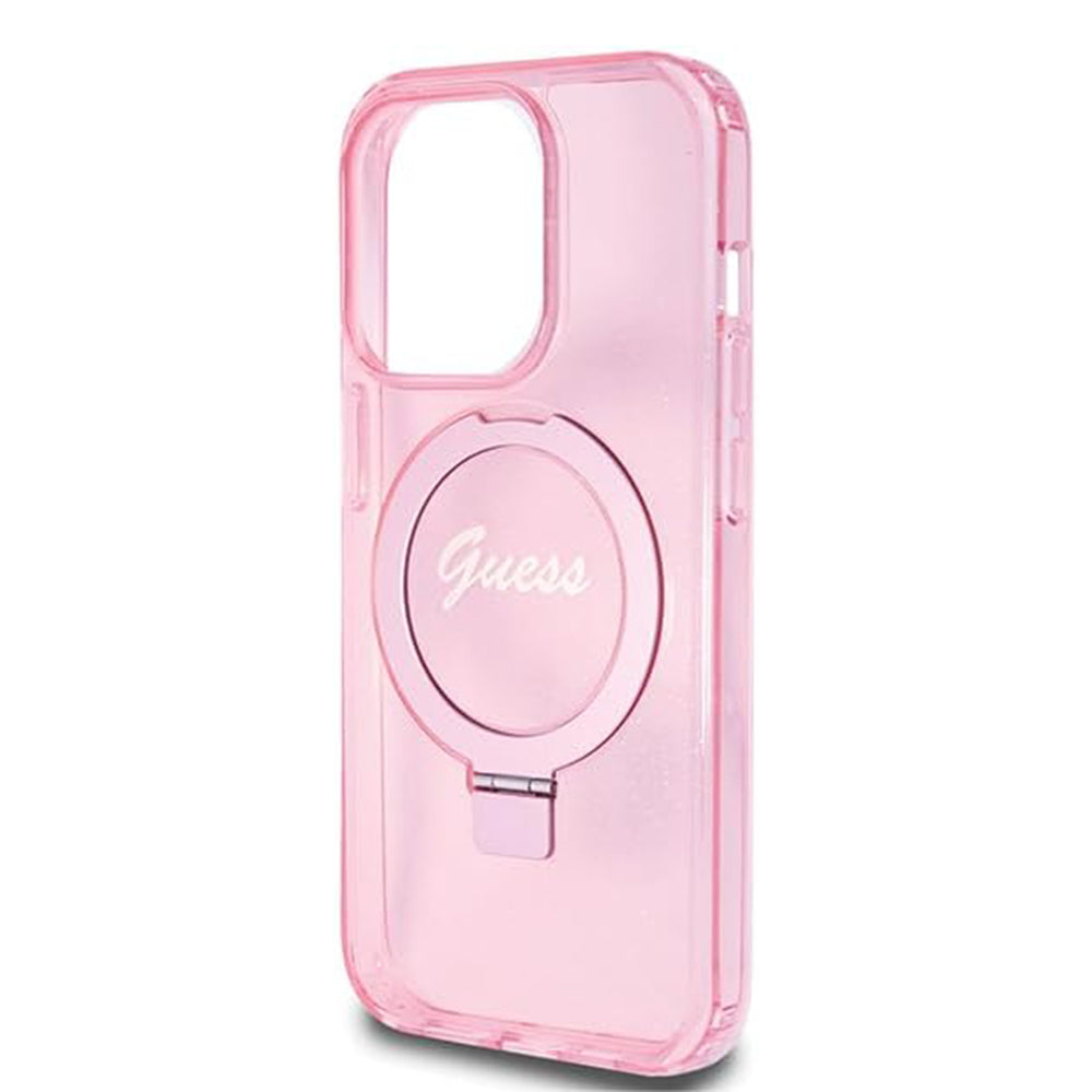 Coque MagSafe pour Apple iPhone 15 Pro, Guess, IML Ring Stand Glitter, Rose