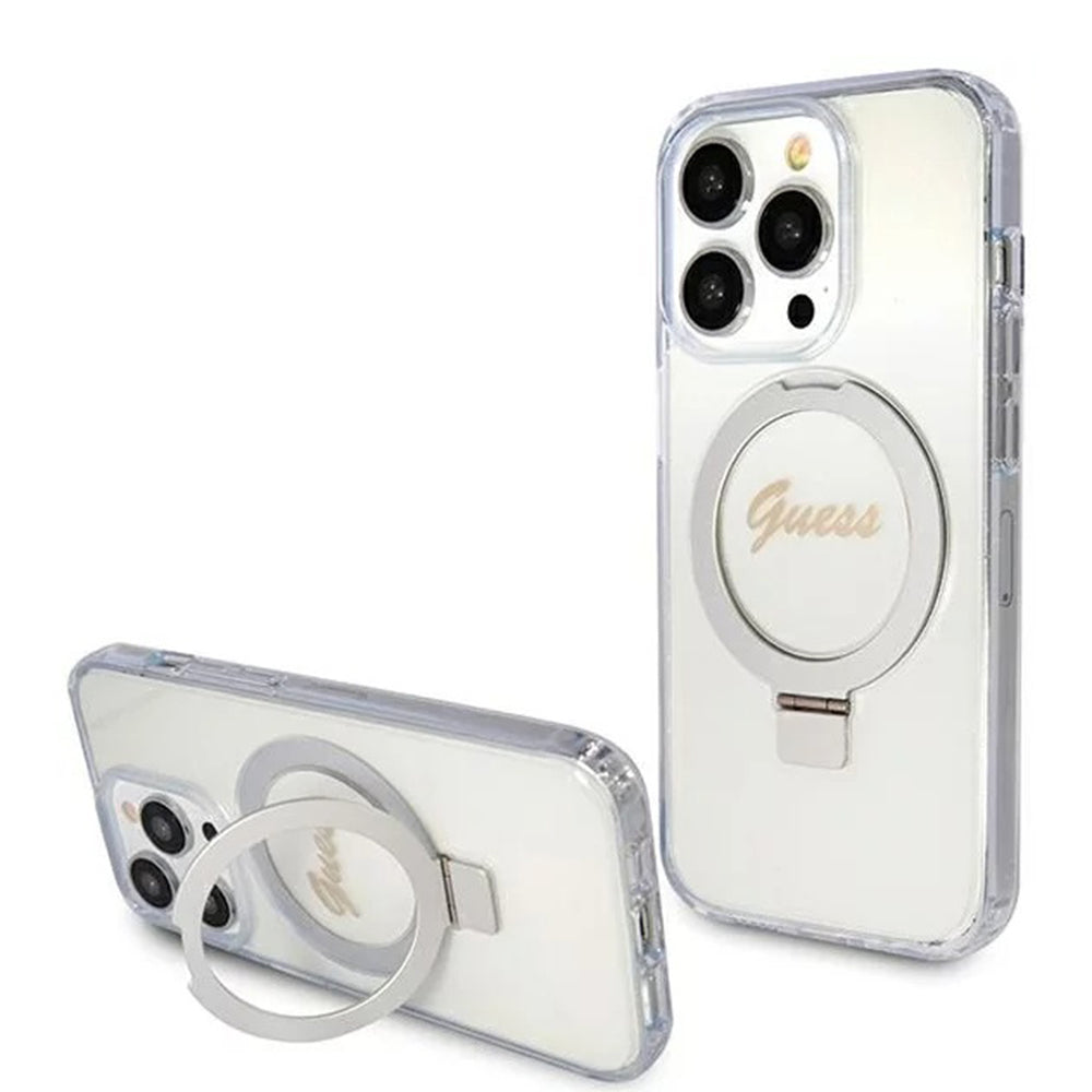 Coque MagSafe pour Apple iPhone 15 Pro, Guess, IML Ring Stand Glitter, Transparente