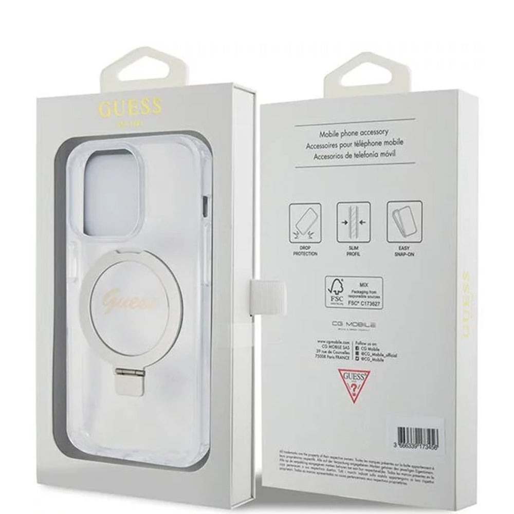 Coque MagSafe pour Apple iPhone 15 Pro, Guess, IML Ring Stand Glitter, Transparente