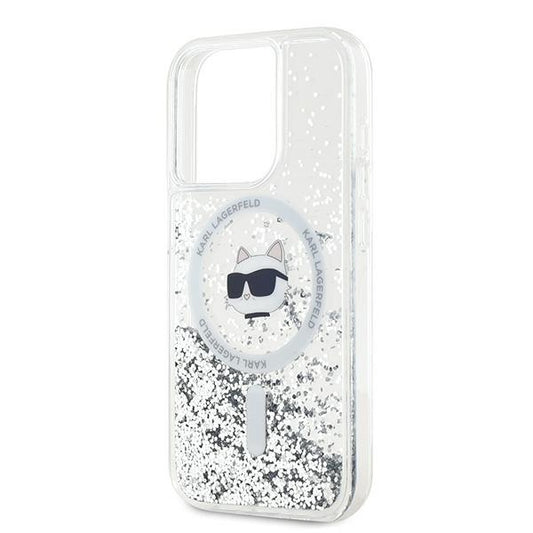 Étui MagSafe pour Apple iPhone 15 Pro, Karl Lagerfeld, Tête de Choupette à Paillettes Liquides, Transparent
