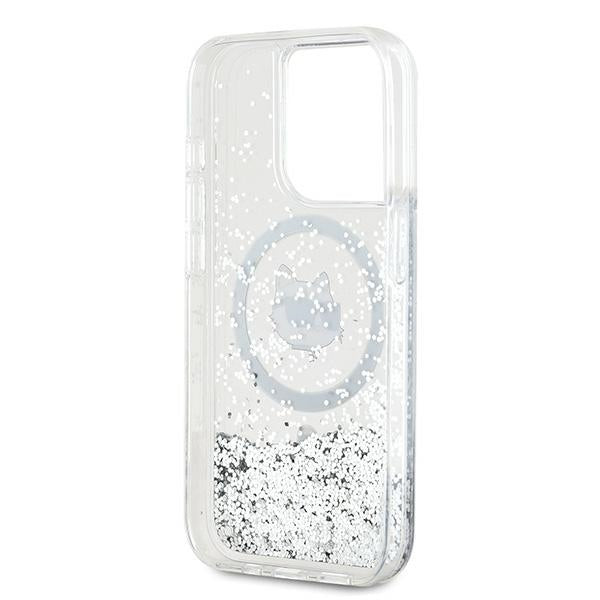 Étui MagSafe pour Apple iPhone 15 Pro, Karl Lagerfeld, Tête de Choupette à Paillettes Liquides, Transparent