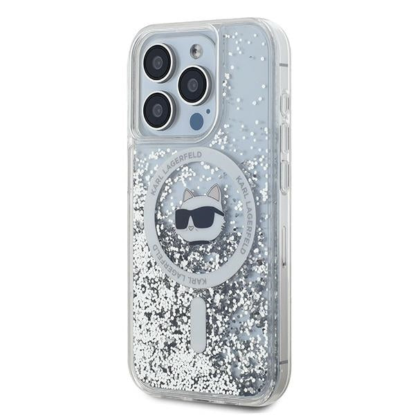 Étui MagSafe pour Apple iPhone 15 Pro, Karl Lagerfeld, Tête de Choupette à Paillettes Liquides, Transparent