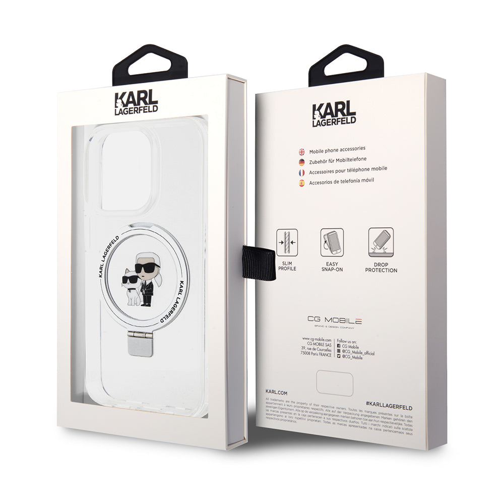 Coque MagSafe pour Apple iPhone 15 Pro, Karl Lagerfeld, Ring Stand Karl & Choupette, Blanche