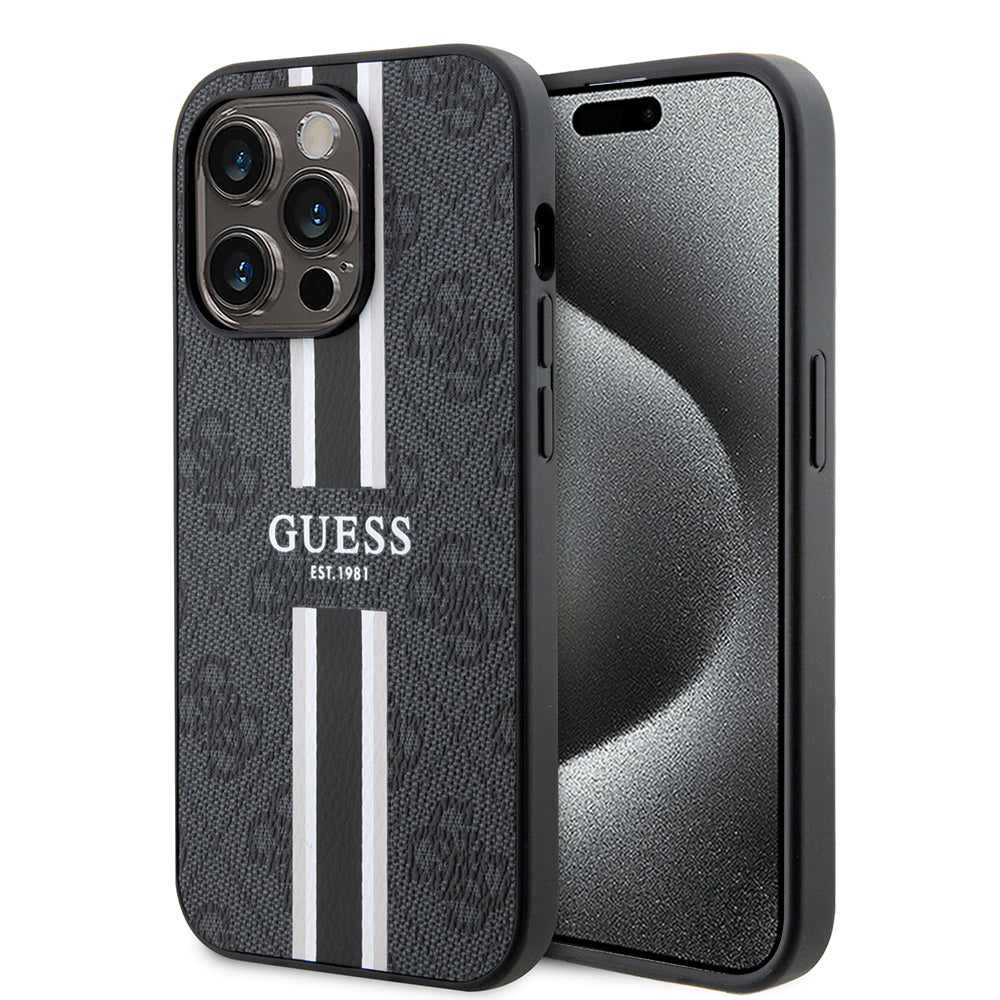 MagSafe Hülle für Apple iPhone 15 Pro Max, Guess, 4G Printed Stripes, Schwarz