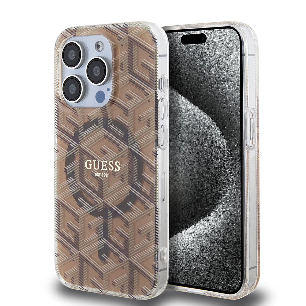 Housse MagSafe pour Apple iPhone 15 Pro Max, Guess, IML Gcube, Marron