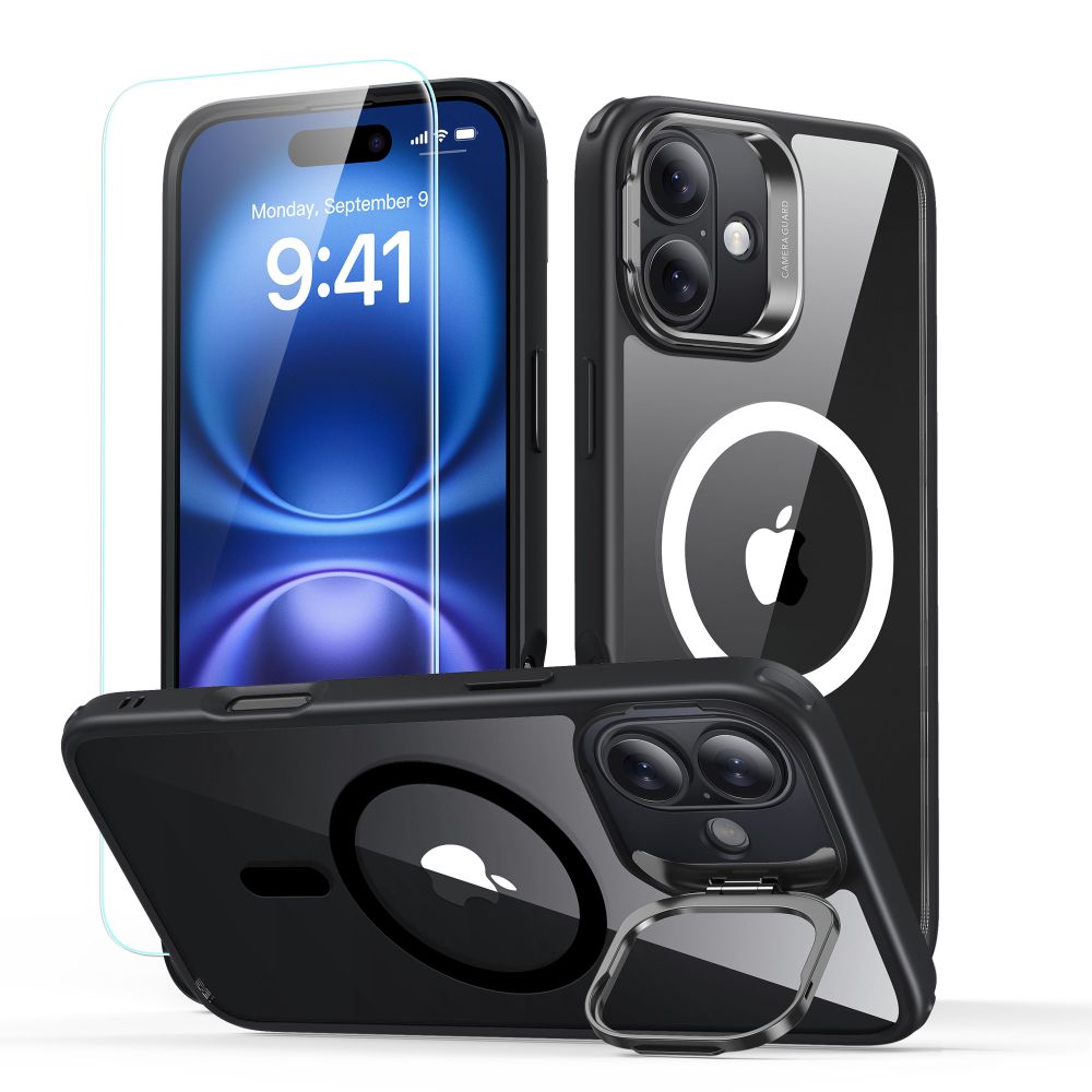 MagSafe Hülle für Apple iPhone 16, ESR, Classic Hybrid Kickstand mit Displayschutz, Schwarz Transparent