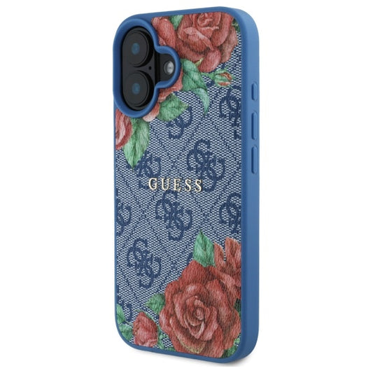 Coque MagSafe pour Apple iPhone 16, Guess, Imprimé Fleurs 4G, Bleue