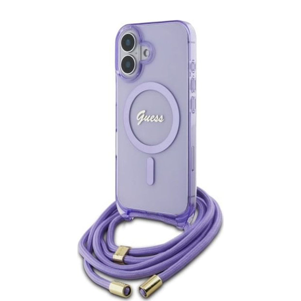 MagSafe Case for Apple iPhone 16, Guess, IML Crossbody Cord Script, Purple