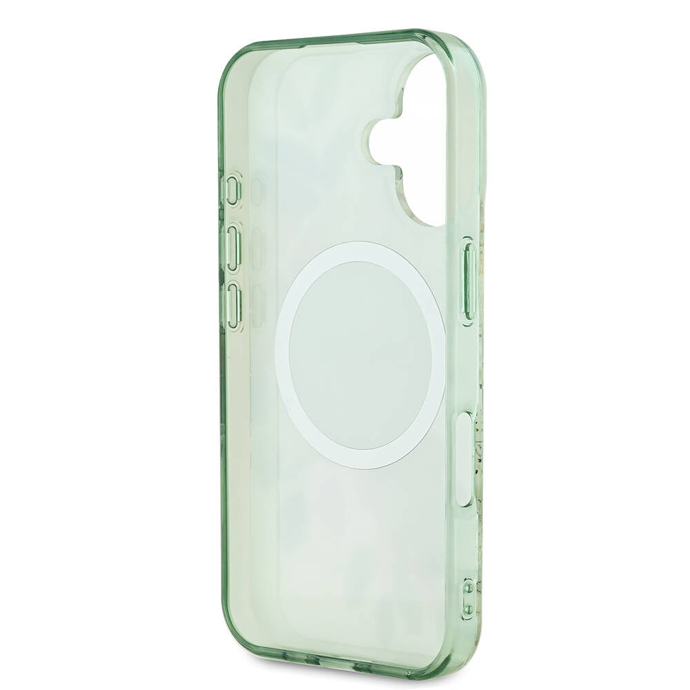 Coque MagSafe pour Apple iPhone 16, Guess, IML Flower & Tonal Circle, Vert