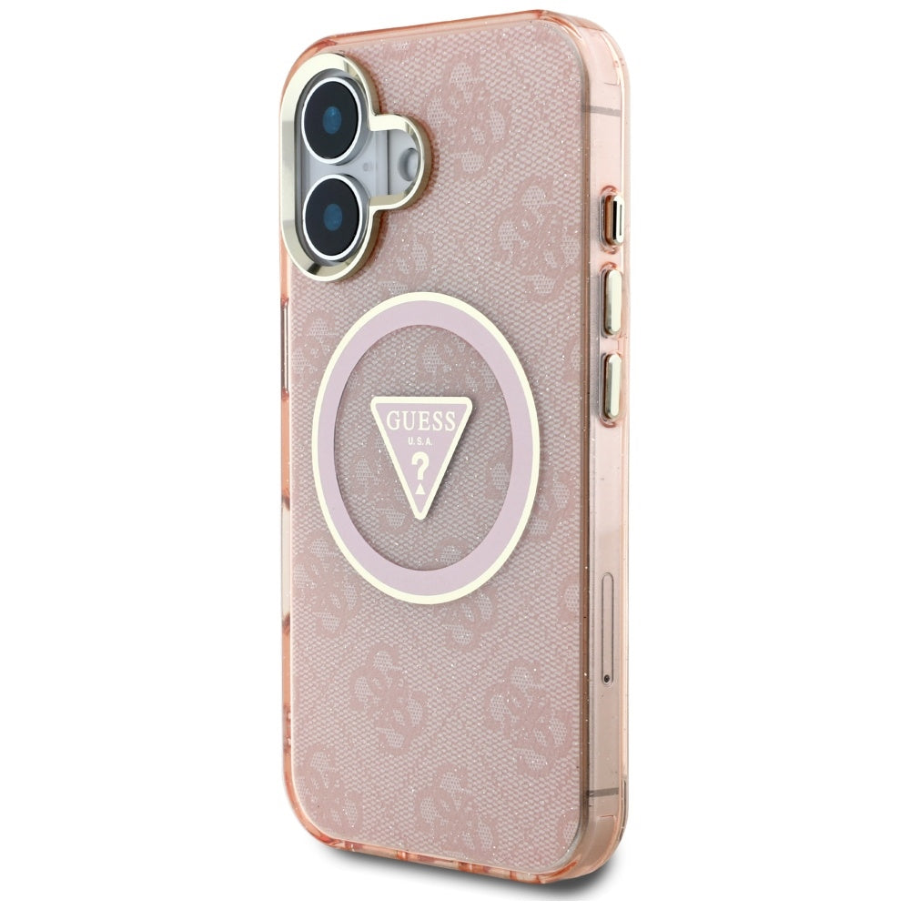Étui MagSafe pour Apple iPhone 16, Guess, IML Glitter 4G Cercle Triangle, Rose