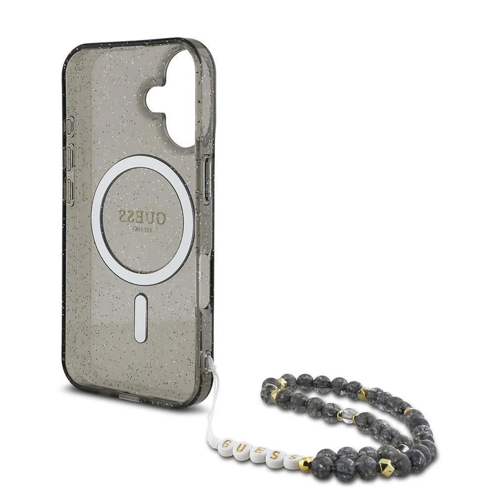 MagSafe Case for Apple iPhone 16, Guess, IML Glitter with Pearl Strap, Black