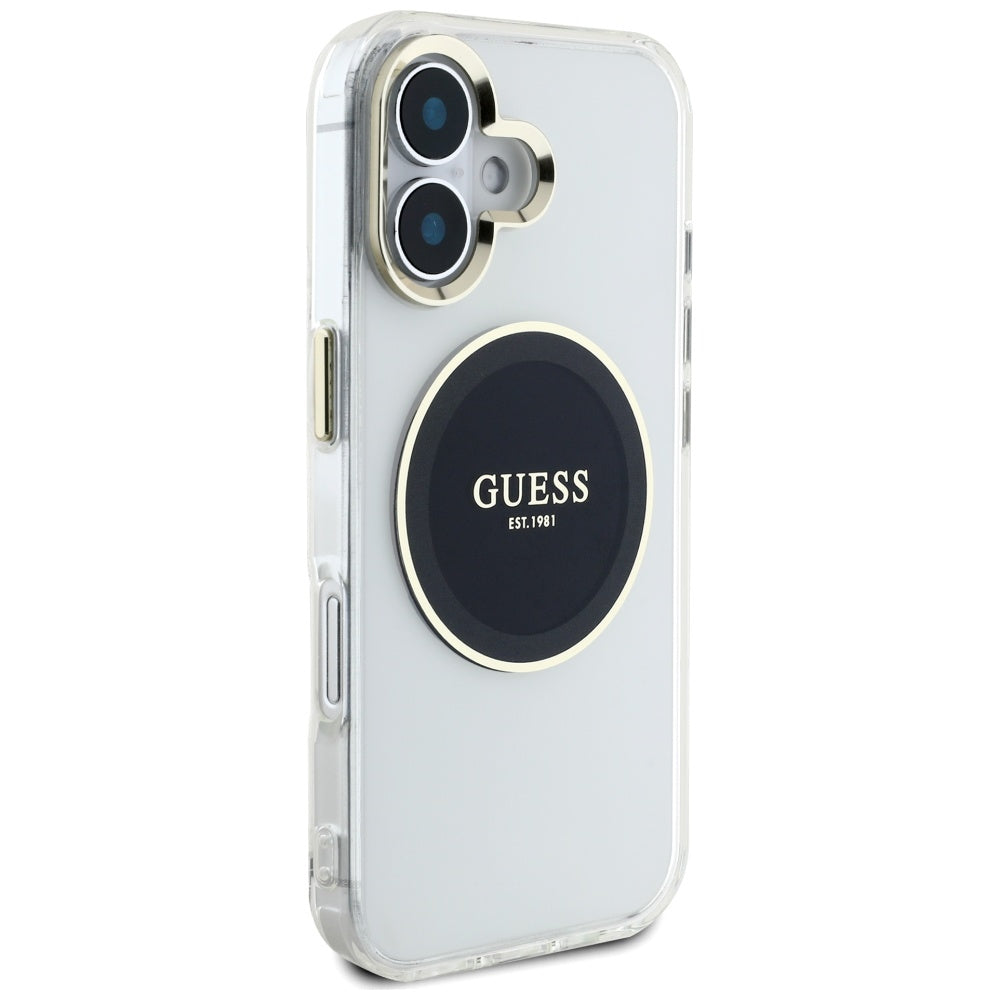 MagSafe Hülle für Apple iPhone 16, Guess, IML Metal Colored Circle, Schwarz