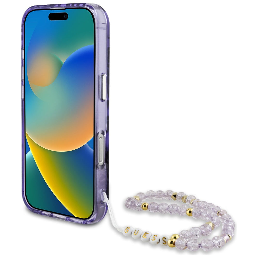 Étui MagSafe pour Apple iPhone 16, Guess, IML Palm Trees Triangle avec Sangle Perle, Violet