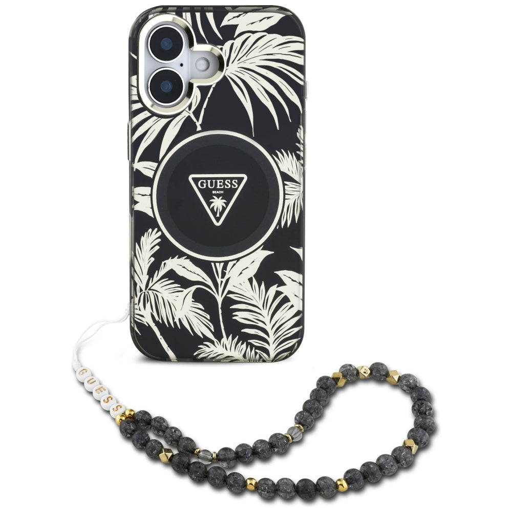 Étui MagSafe pour Apple iPhone 16, Guess, IML Palm Trees Triangle avec sangle perle, Noir