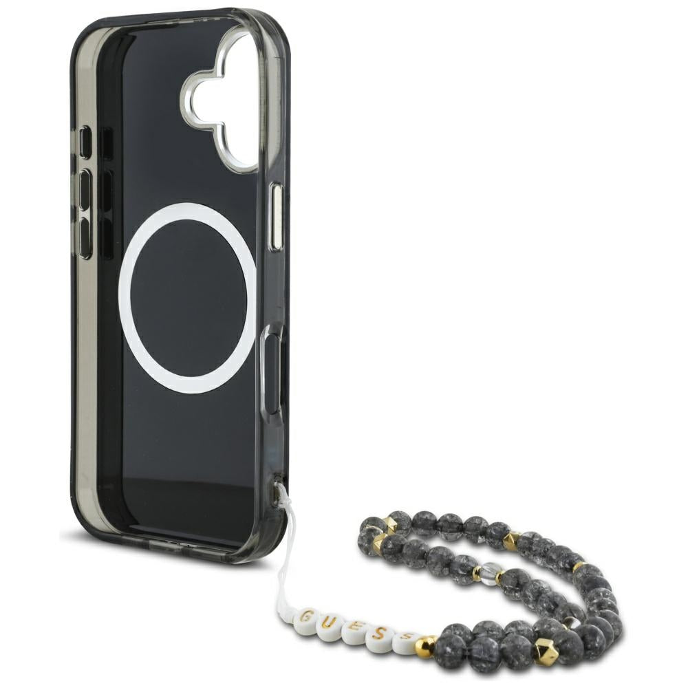 Étui MagSafe pour Apple iPhone 16, Guess, IML Palm Trees Triangle avec sangle perle, Noir