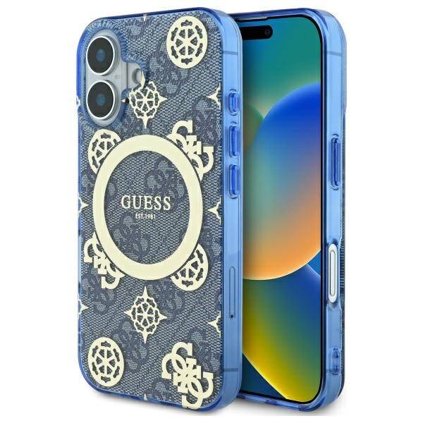 Coque MagSafe pour Apple iPhone 16, Guess, IML Peony On 4G Background, Bleue